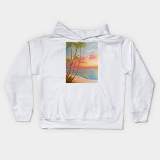 Paradise, Beautiful Beach, Beach Painting, Pale Beach, Pastel Beach, Pink Sky, Palm Trees, Beach Life Kids Hoodie